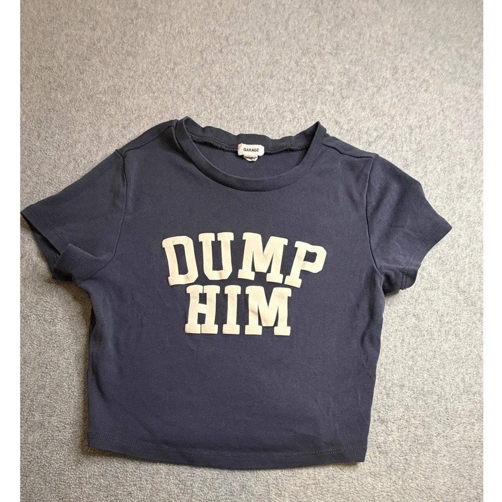 Garage Dump Him Graphic Baby Tee Navy Blue Short Sleeve Crop Top Small